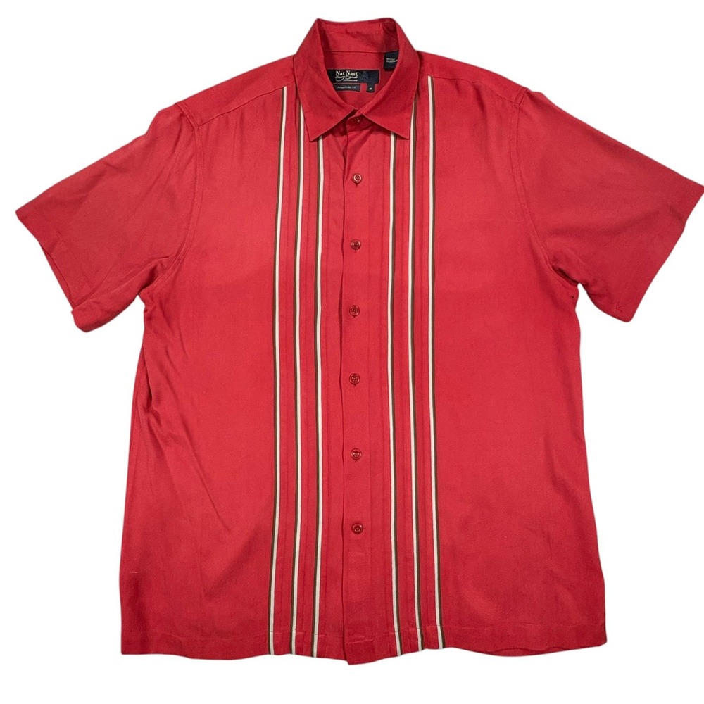Nat Nast 100% Silk Bowling Shirt Mens M Red Stripe American Fit Retro Soprano